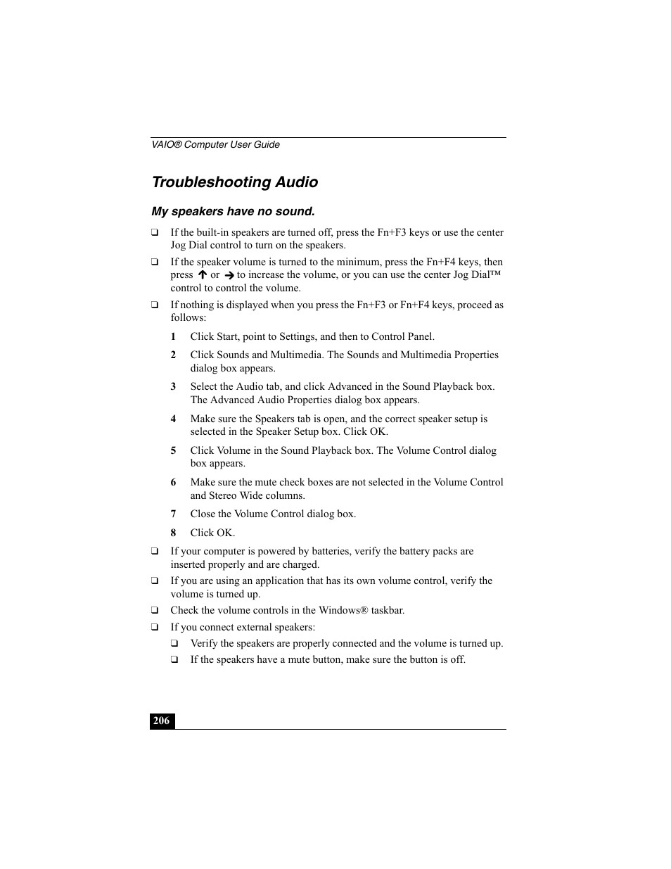 Troubleshooting audio, My speakers have no sound | Sony PCG-R505ESK User Manual | Page 206 / 222