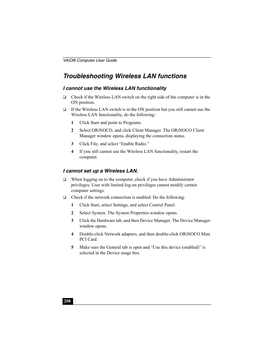 Troubleshooting wireless lan functions, I cannot use the wireless lan functionality, I cannot set up a wireless lan | Sony PCG-R505ESK User Manual | Page 208 / 222