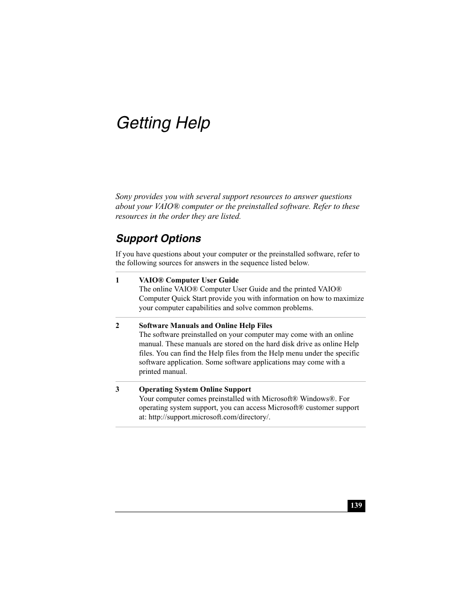 Getting help, Support options | Sony PCG-R505ESK User Manual | Page 213 / 222