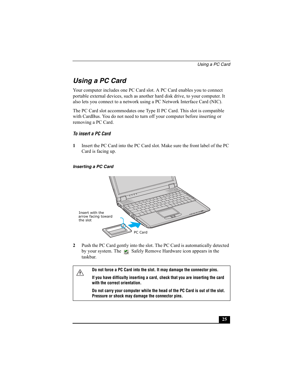 Using a pc card | Sony PCG-R505ESK User Manual | Page 25 / 222