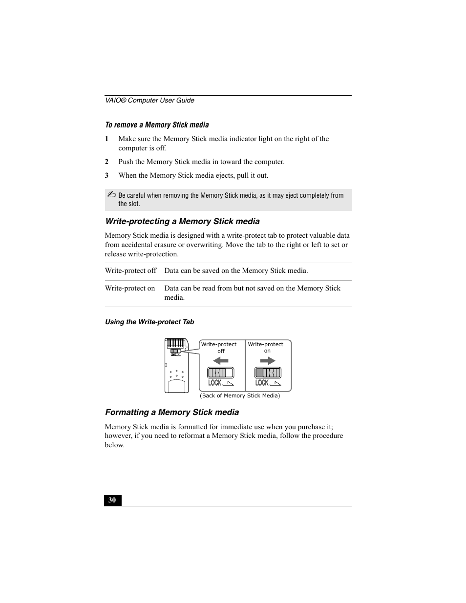 Write-protecting a memory stick media, Formatting a memory stick media | Sony PCG-R505ESK User Manual | Page 30 / 222