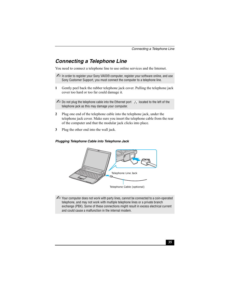 Connecting a telephone line | Sony PCG-R505ESK User Manual | Page 35 / 222