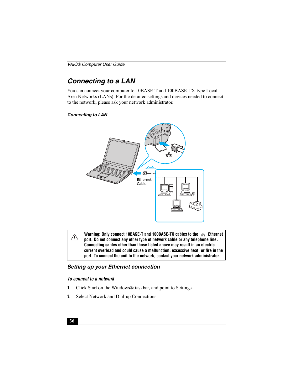 Connecting to a lan, Setting up your ethernet connection | Sony PCG-R505ESK User Manual | Page 36 / 222