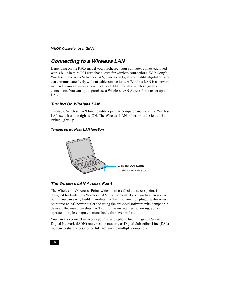 Connecting to a wireless lan, Turning on wireless lan, The wireless lan access point | Sony PCG-R505ESK User Manual | Page 38 / 222