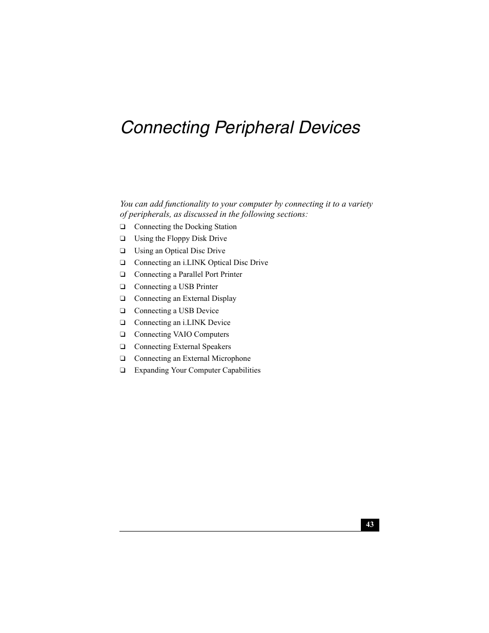 Connecting peripheral devices | Sony PCG-R505ESK User Manual | Page 43 / 222