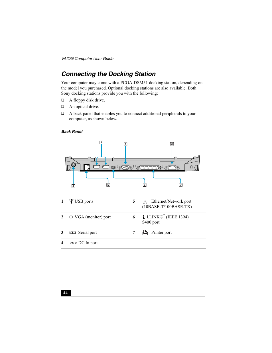 Connecting the docking station | Sony PCG-R505ESK User Manual | Page 44 / 222