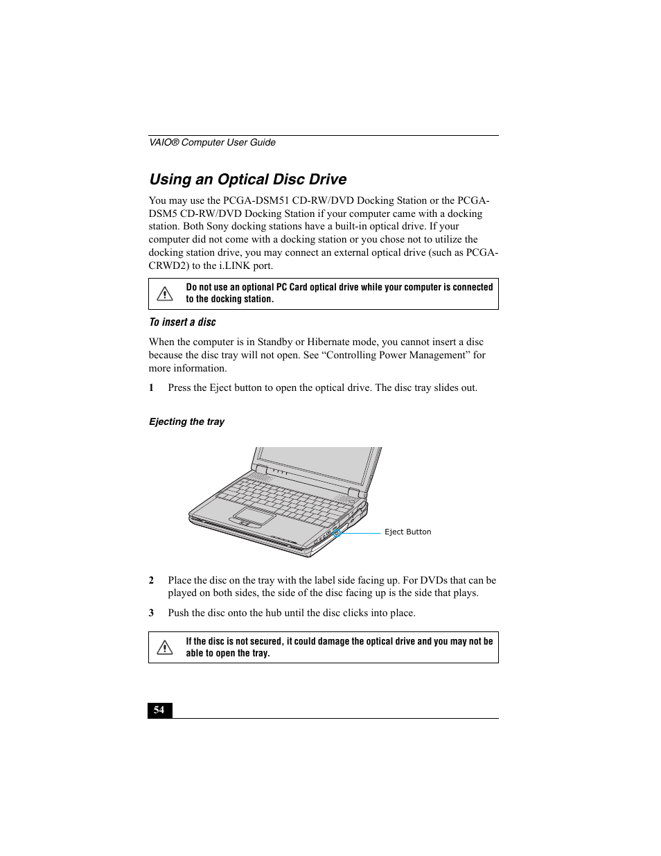 Using an optical disc drive | Sony PCG-R505ESK User Manual | Page 54 / 222