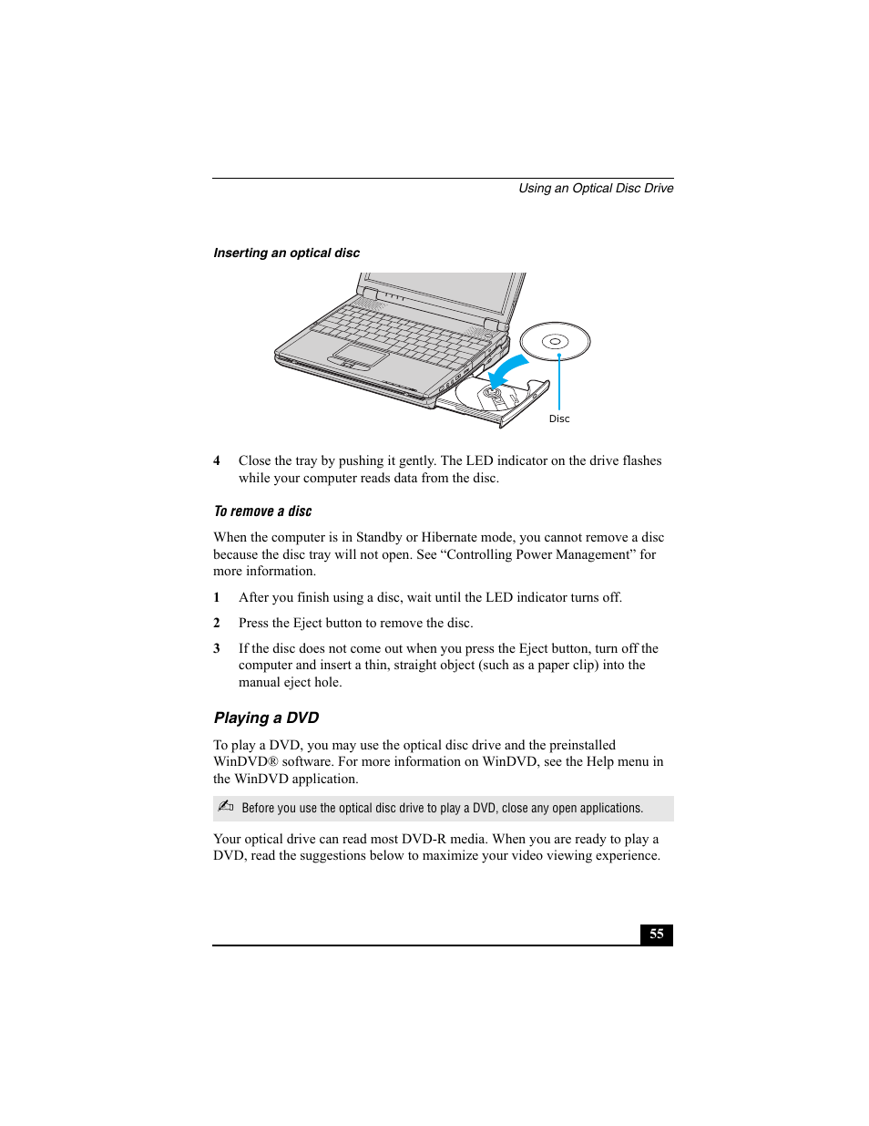 Playing a dvd | Sony PCG-R505ESK User Manual | Page 55 / 222