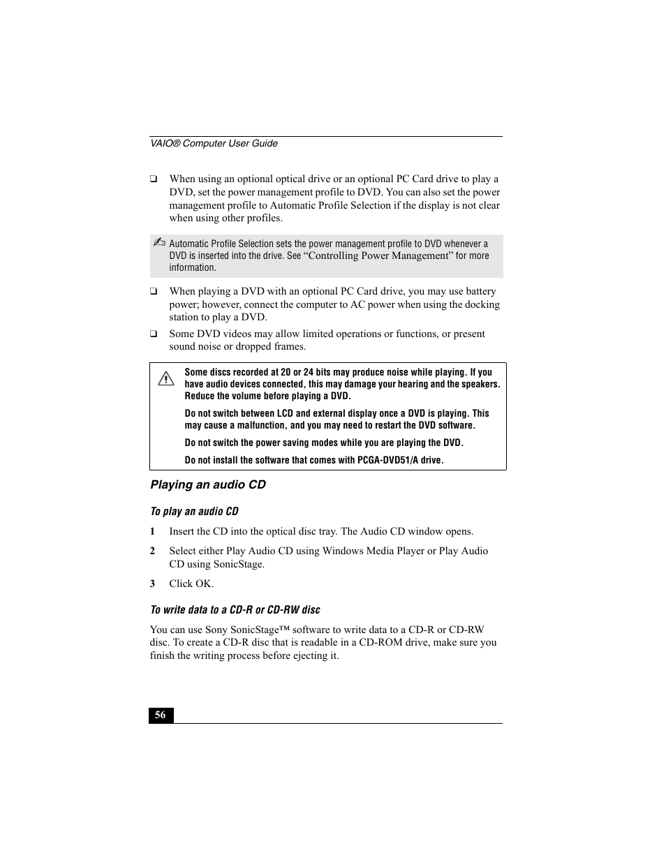 Playing an audio cd | Sony PCG-R505ESK User Manual | Page 56 / 222