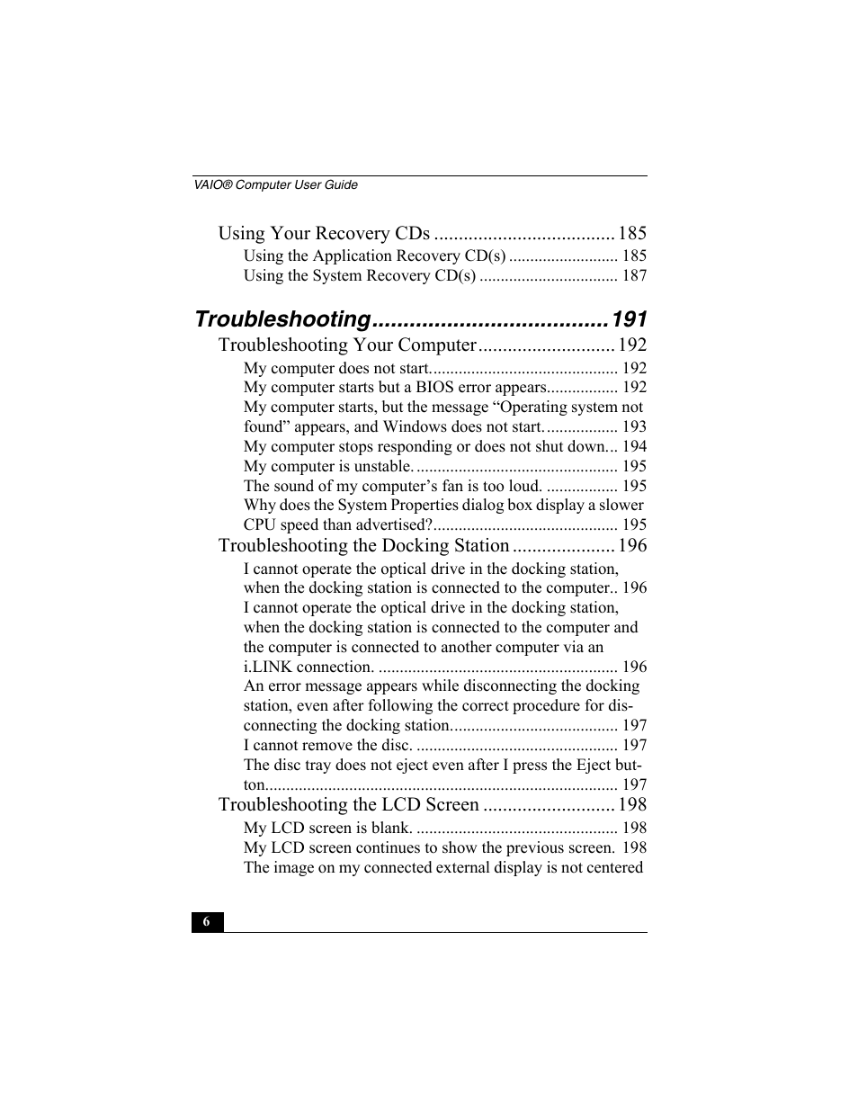 Troubleshooting | Sony PCG-R505ESK User Manual | Page 6 / 222