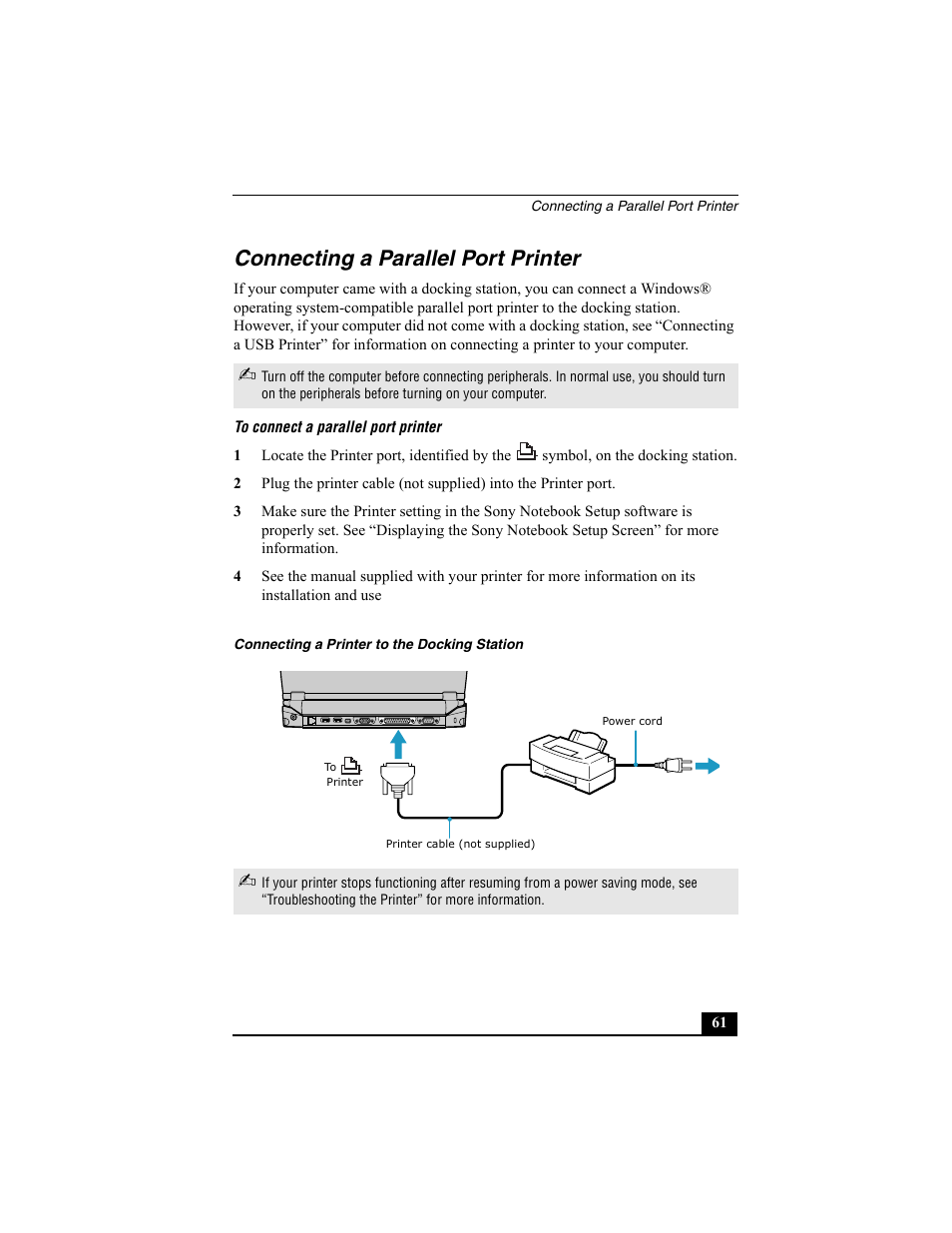 Connecting a parallel port printer | Sony PCG-R505ESK User Manual | Page 61 / 222