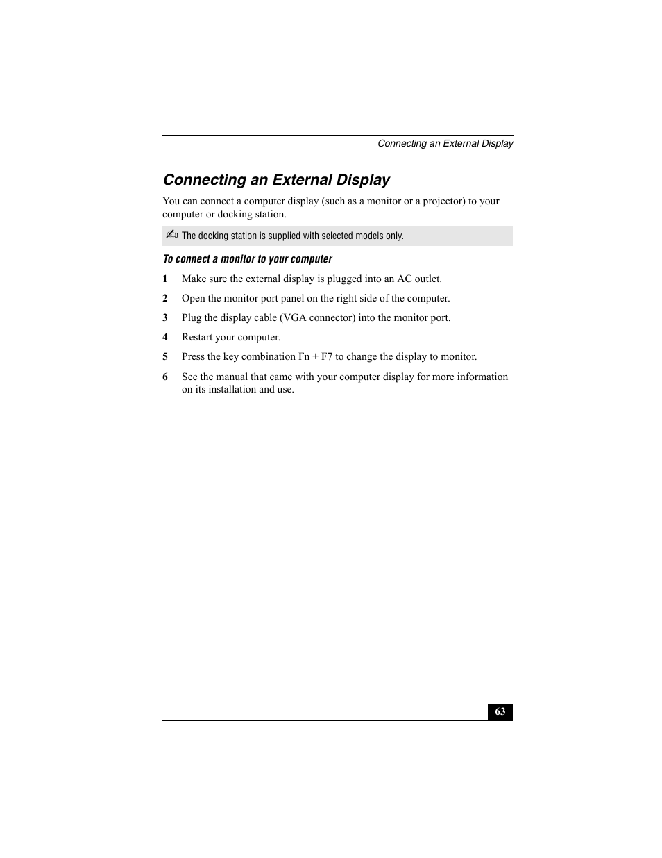 Connecting an external display | Sony PCG-R505ESK User Manual | Page 63 / 222