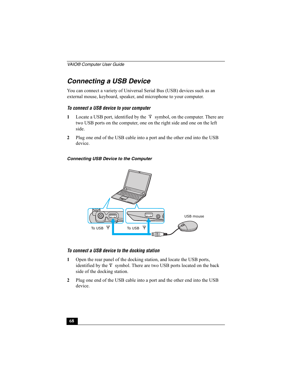 Connecting a usb device | Sony PCG-R505ESK User Manual | Page 68 / 222