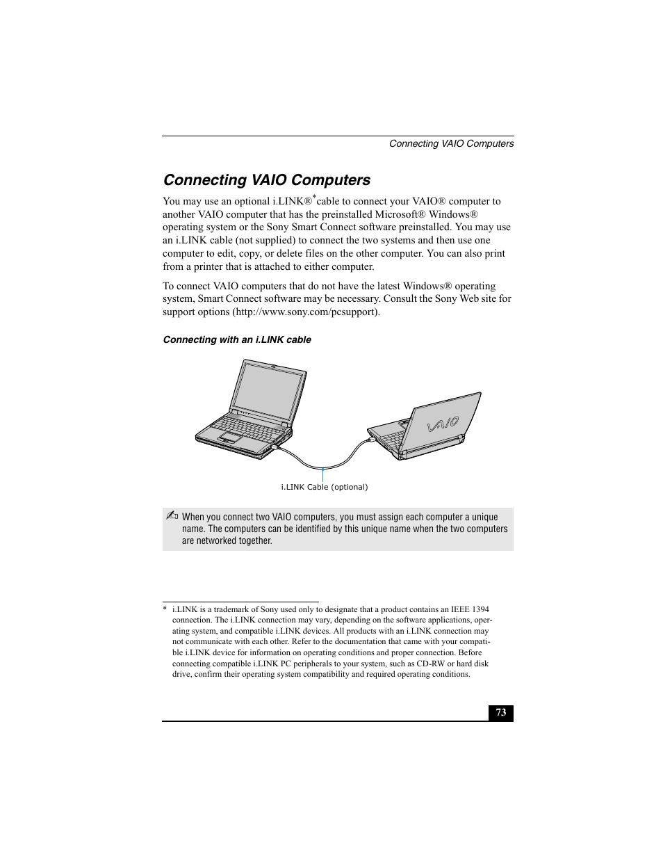 Connecting vaio computers | Sony PCG-R505ESK User Manual | Page 73 / 222