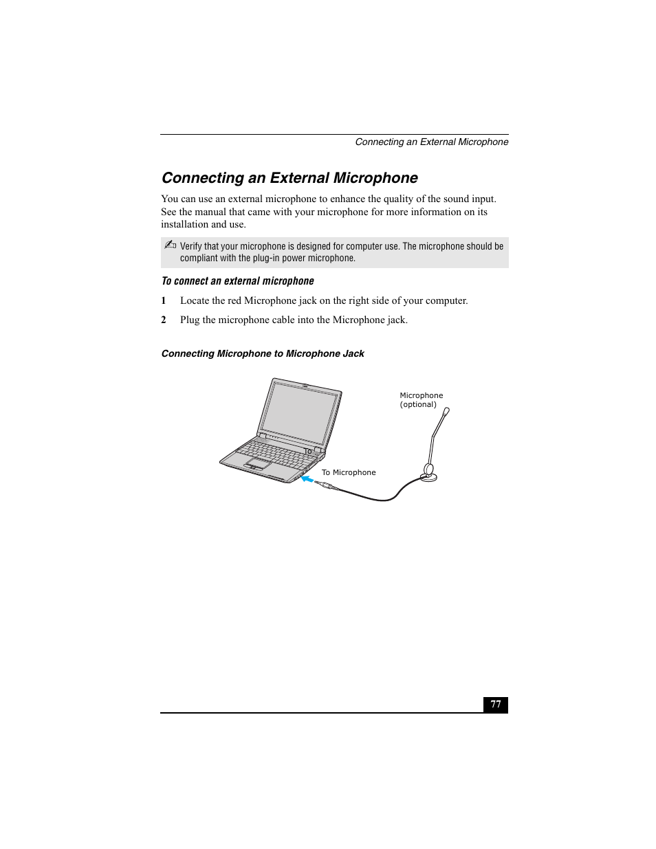 Connecting an external microphone | Sony PCG-R505ESK User Manual | Page 77 / 222