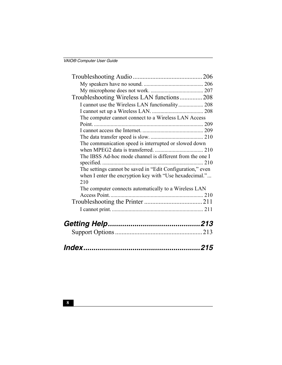 Getting help, Index | Sony PCG-R505ESK User Manual | Page 8 / 222