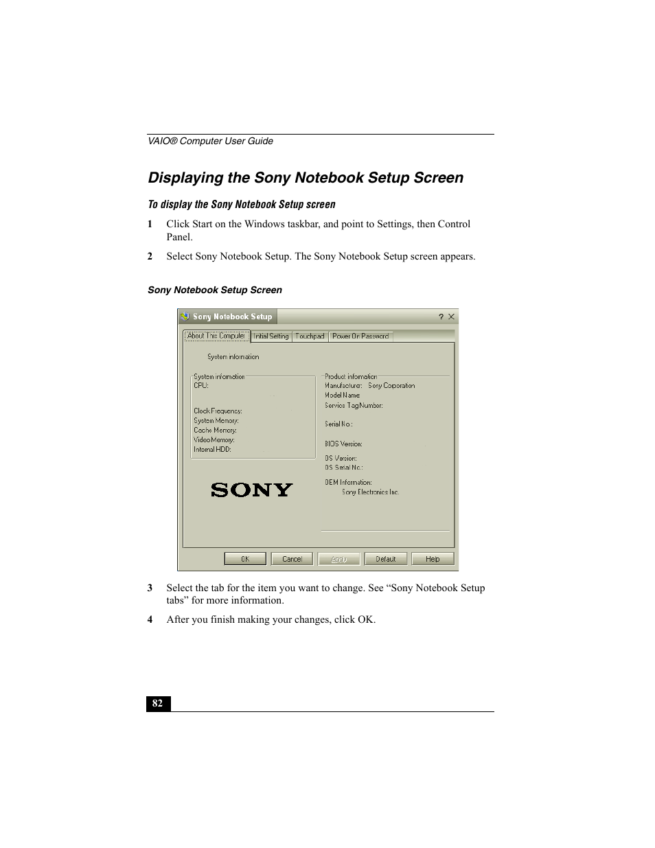 Displaying the sony notebook setup screen | Sony PCG-R505ESK User Manual | Page 82 / 222