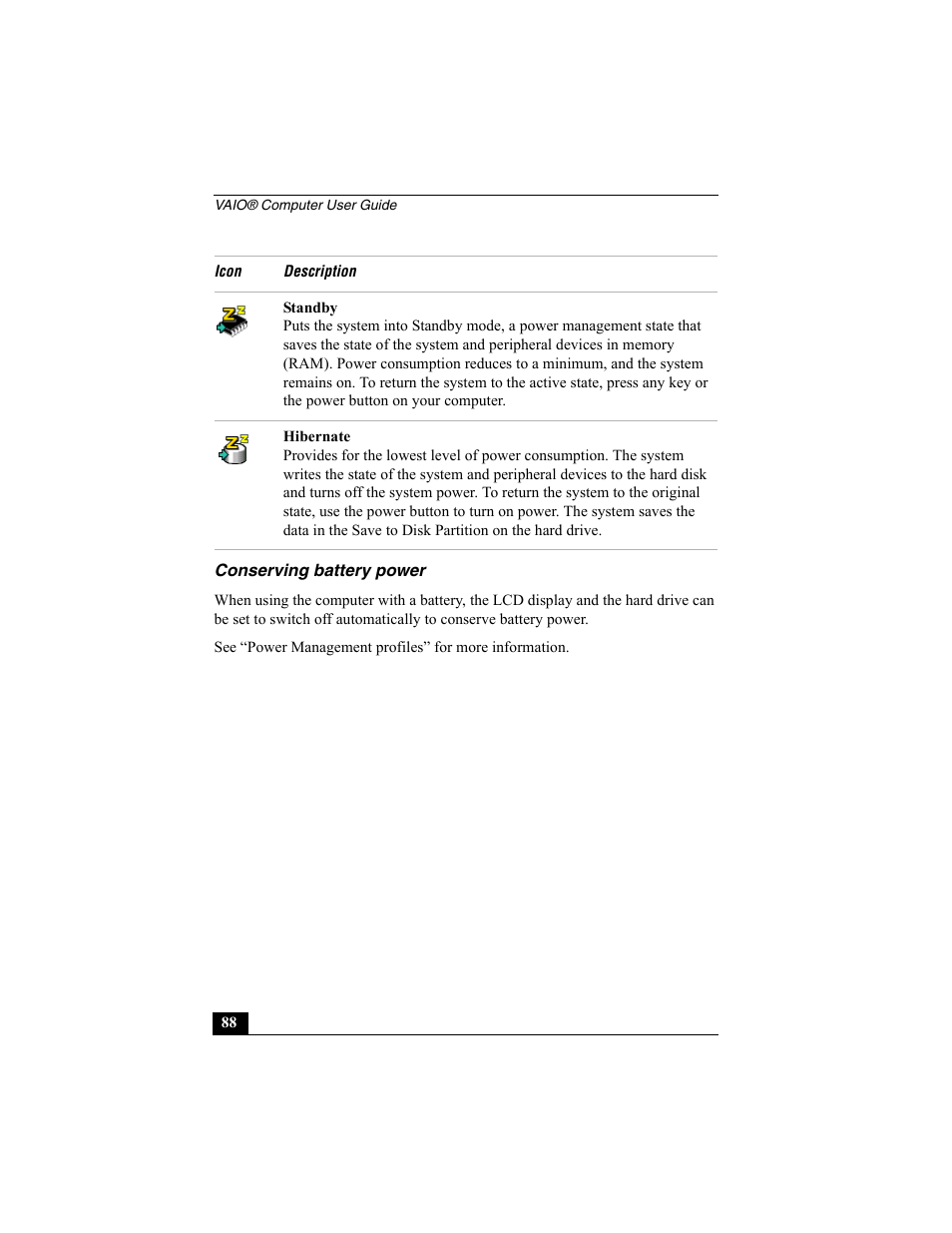 Conserving battery power | Sony PCG-R505ESK User Manual | Page 88 / 222