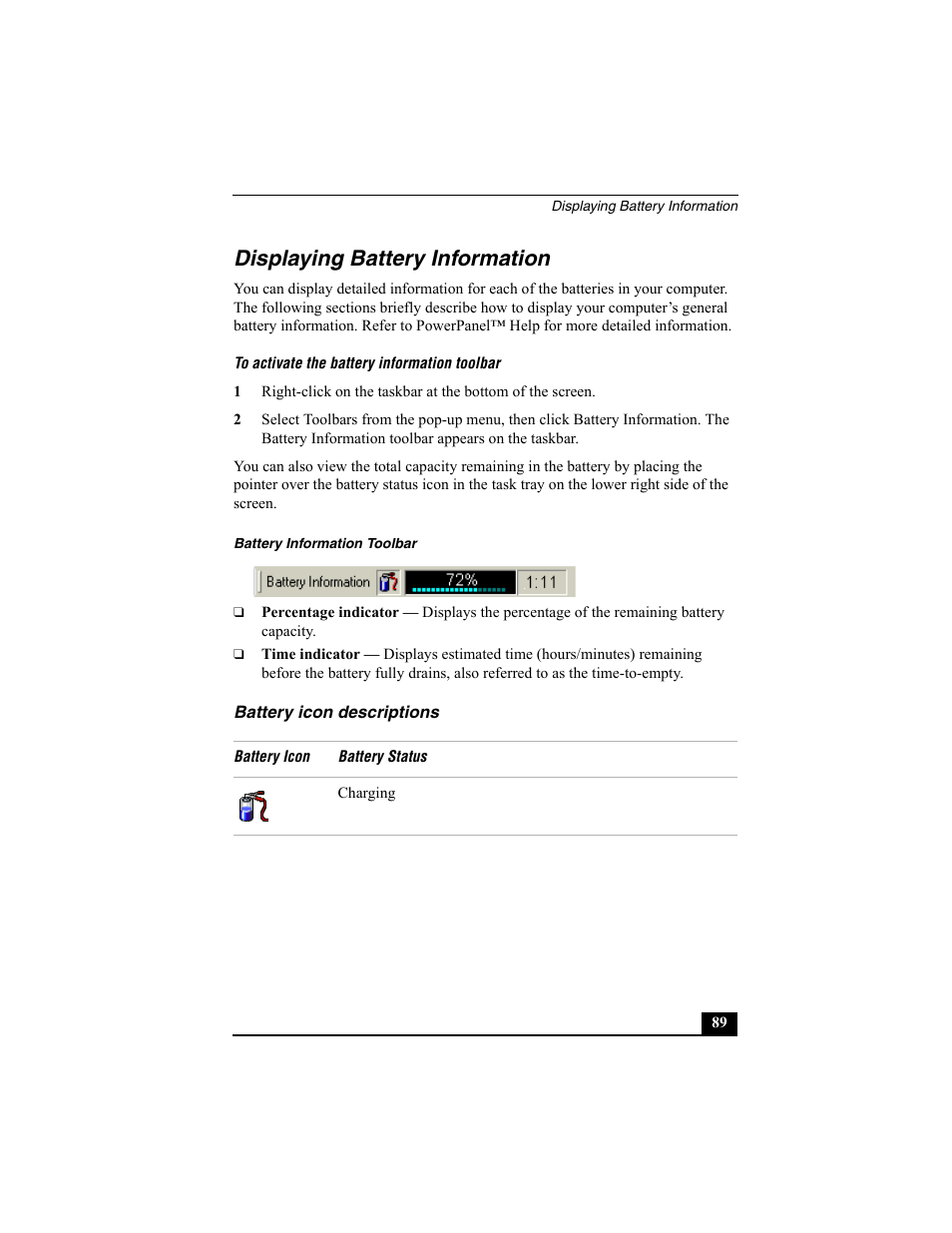 Displaying battery information, Battery icon descriptions | Sony PCG-R505ESK User Manual | Page 89 / 222