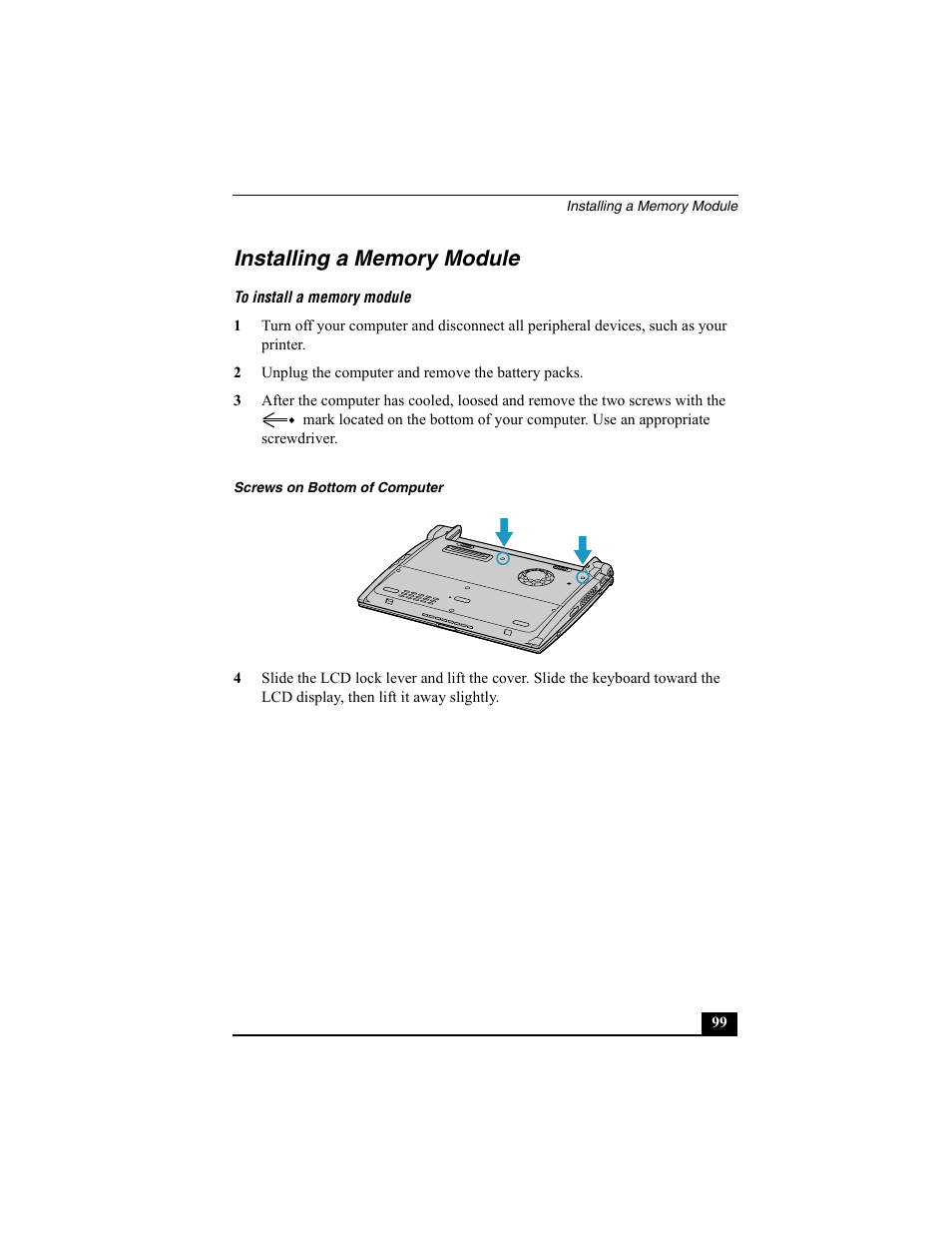 Installing a memory module | Sony PCG-R505ESK User Manual | Page 99 / 222