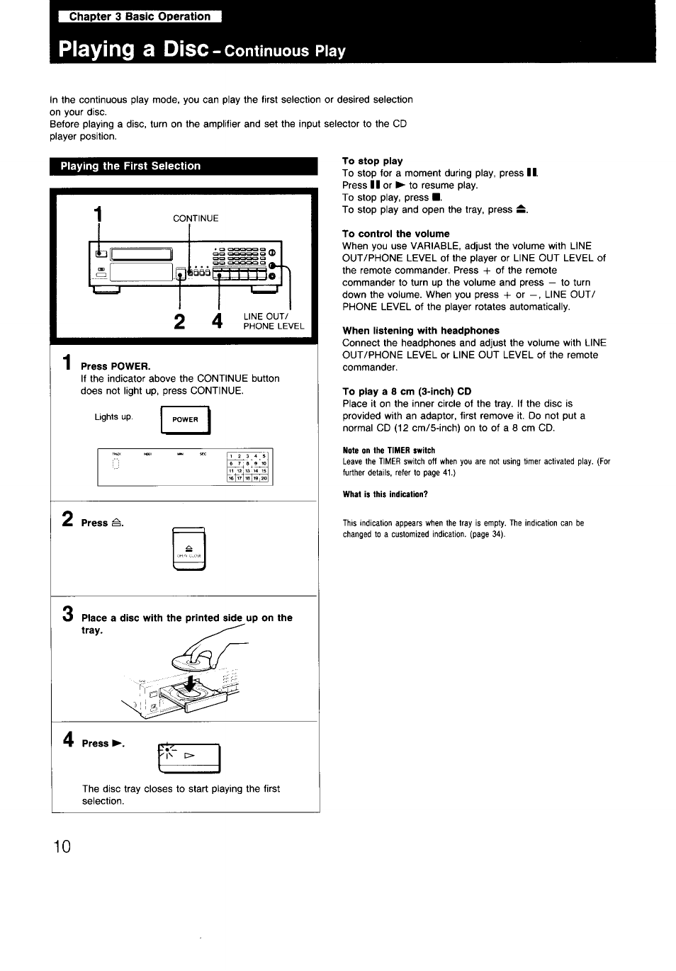 Chapter 3 basic operation, To stop piay, To control the volume | When listening with headphones, To play a 8 cm (3-inch) cd, Playing a disc, Continuous play | Sony CDP-997 User Manual | Page 10 / 43