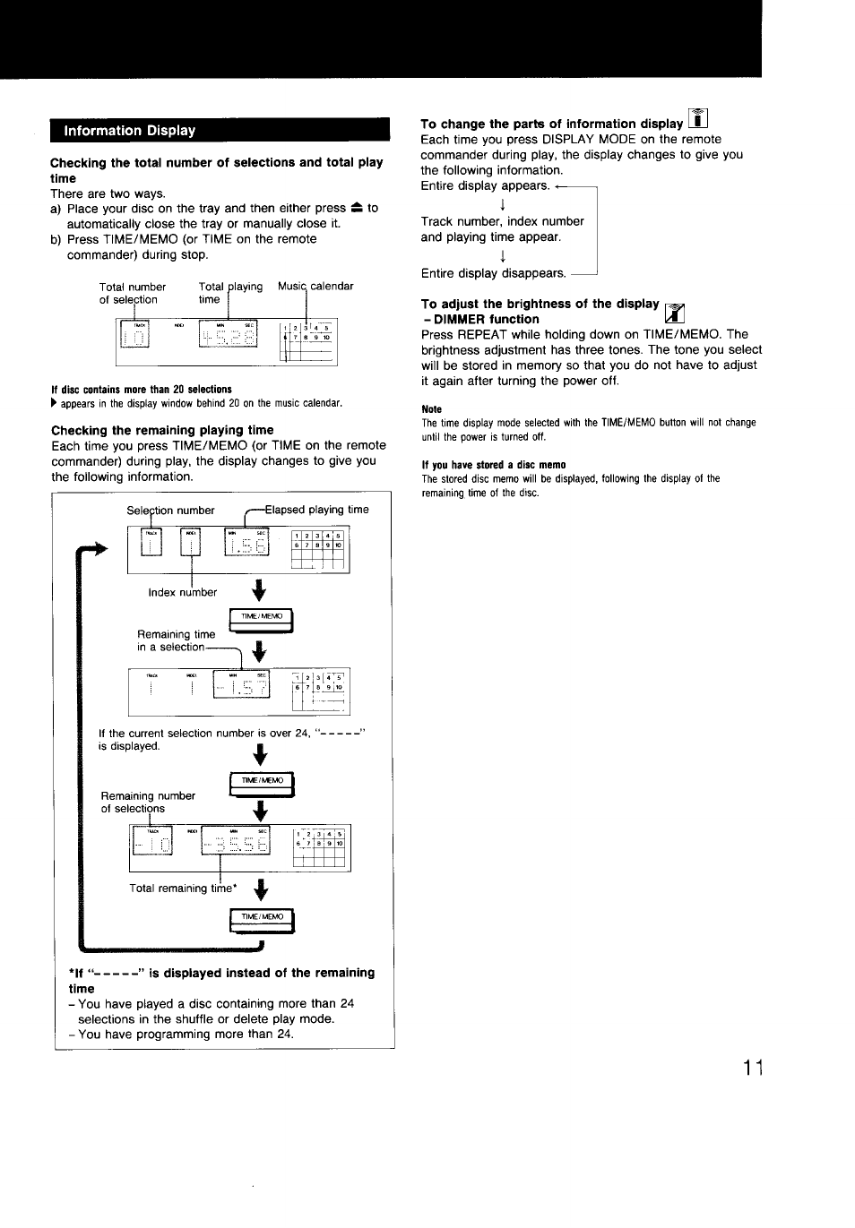 Information display, Checking the remaining piaying time, Lf “ ” is displayed instead of the remaining | To change the parts of information display lu | Sony CDP-997 User Manual | Page 11 / 43