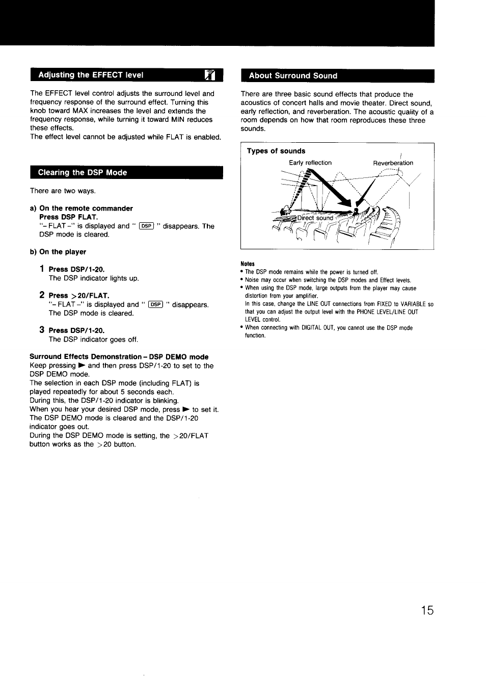 Adjusting the effect level, About surround sound, Clearing the dsp mode | A) on the remote commander press dsp flat, B) on the player, 1 press dsp/1-20, 2 press >20/flat, 3 press dsp/1-20, Surround effects demonstration - dsp demo mode | Sony CDP-997 User Manual | Page 15 / 43