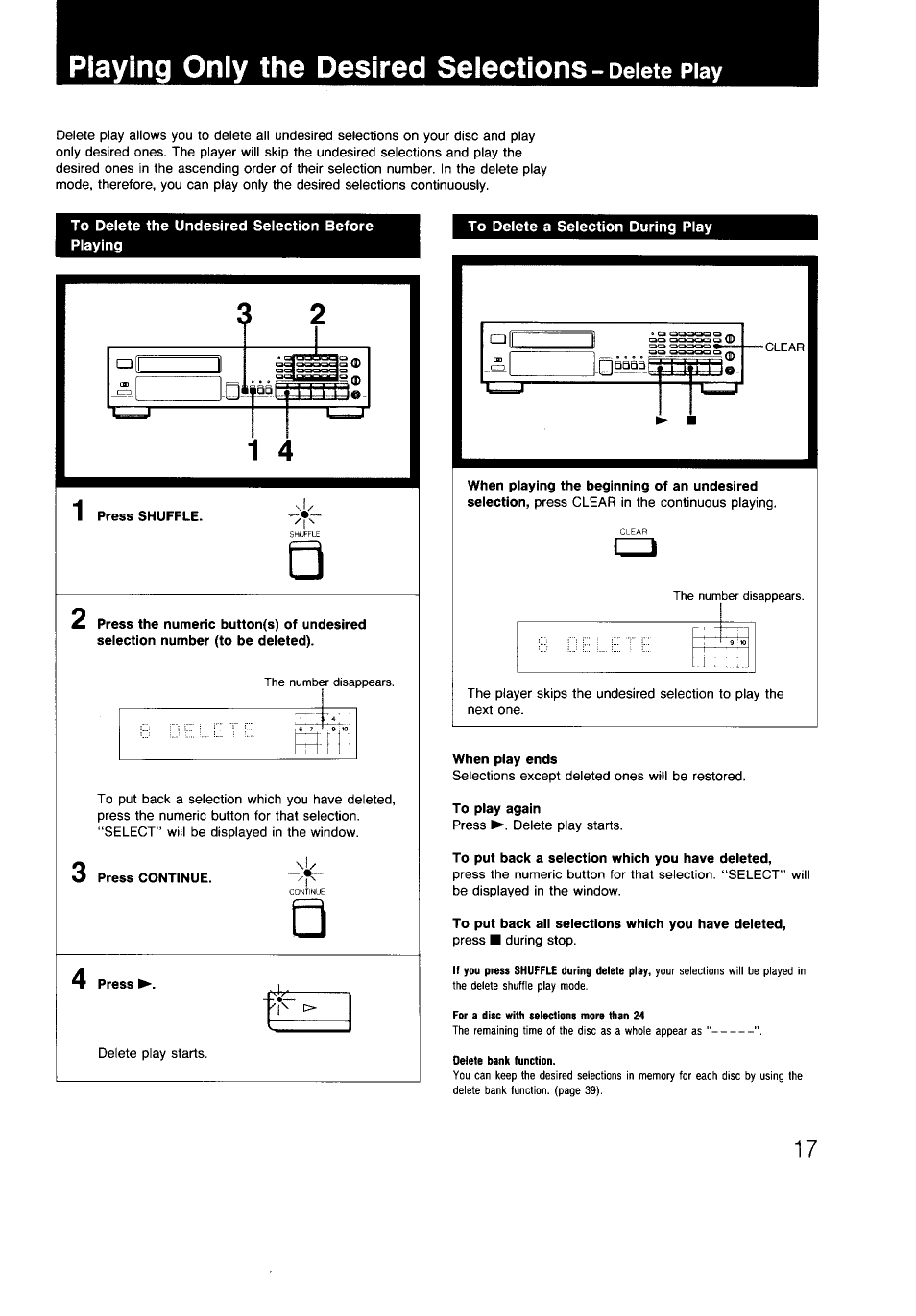 Playing only the desired selections - delete play, To delete the undesired selection before playing, Press shuffle | Press continue, Press i, When play ends, To play again, To put back a selection which you have deleted, To put back all selections which you have deleted, Playing only the desired selections-delete play | Sony CDP-997 User Manual | Page 17 / 43