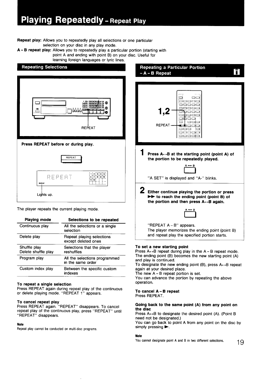 Playing repeatedly - repeat play, Press repeat before or during play, To repeat a single selection | To cancel repeat play, Repeating a particular portion - a - b repeat, To set a new starting point, To cancel a-b repeat, Playing repeatedly-repeat play, Playing repeatedly, Repeat play | Sony CDP-997 User Manual | Page 19 / 43