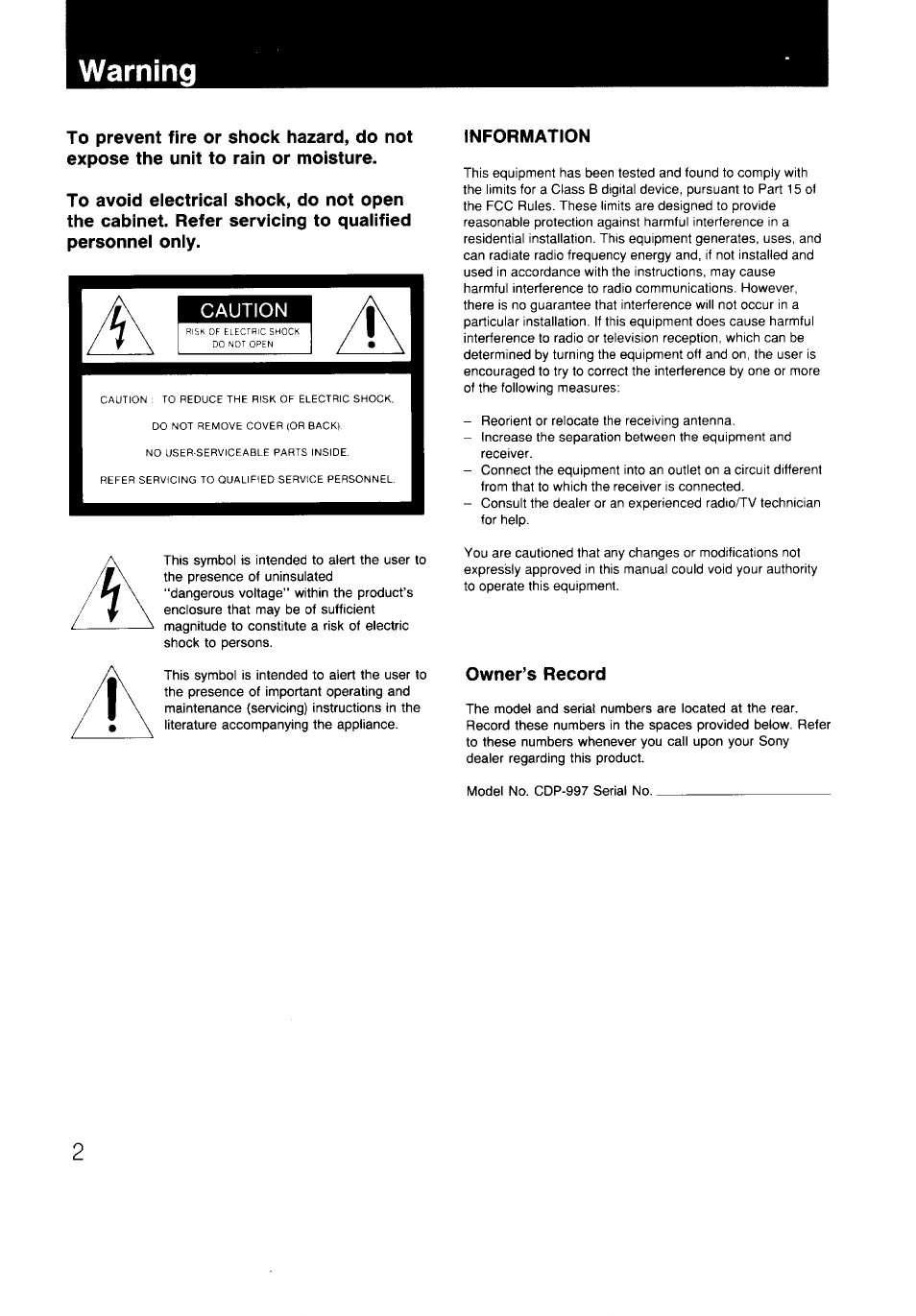 Warning, Information, Owner’s record | Sony CDP-997 User Manual | Page 2 / 43