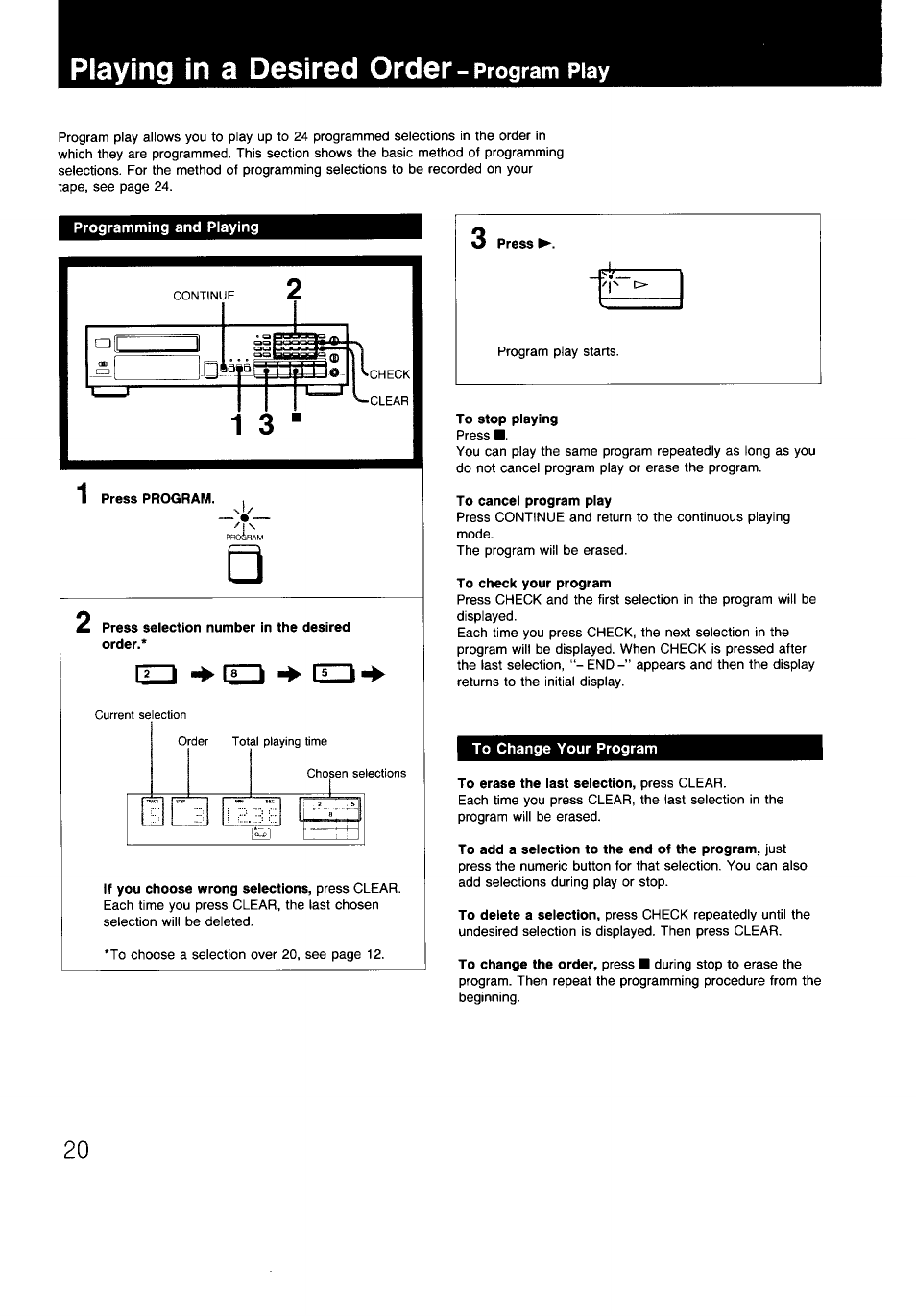 Playing in a desired order-program piay, To stop playing, To cancel program play | To check your program, To change your program, To erase the last selection, press clear, Playing in a desired order-program play, Playing in a desired order, Program piay | Sony CDP-997 User Manual | Page 20 / 43