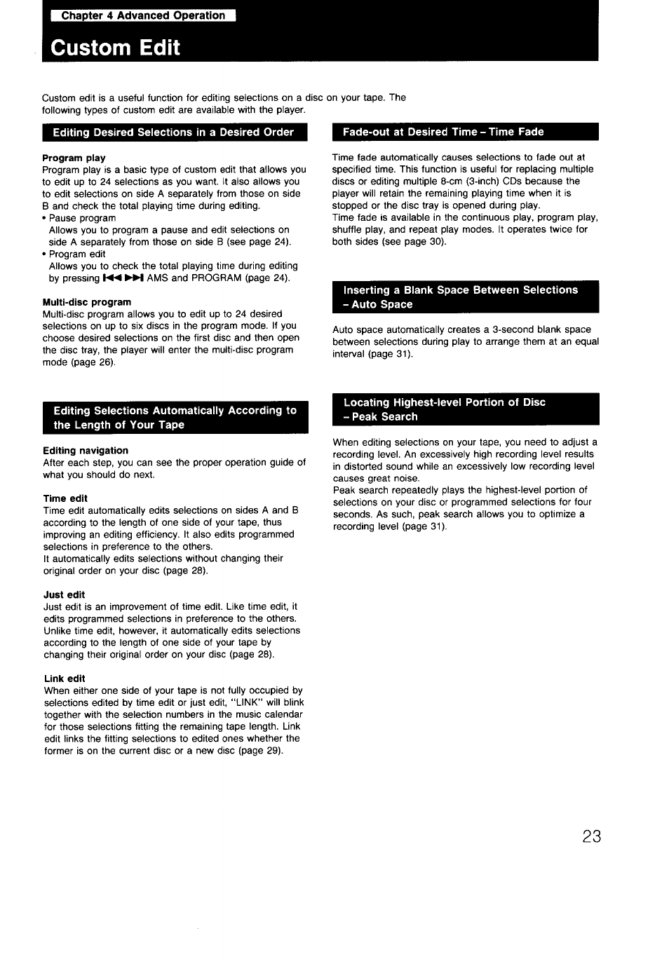 Chapter 4 advanced operation, Custom edit, Editing desired selections in a desired order | Program play, Multi-disc program, Editing navigation, Time edit, Just edit, Link edit | Sony CDP-997 User Manual | Page 23 / 43