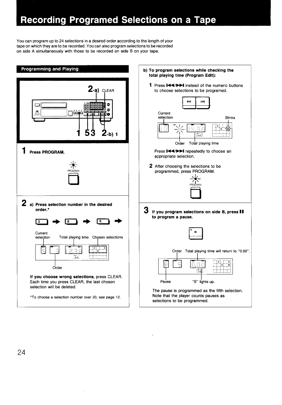 Recording programed selections on a tape, Recording programmed selections on a tape | Sony CDP-997 User Manual | Page 24 / 43