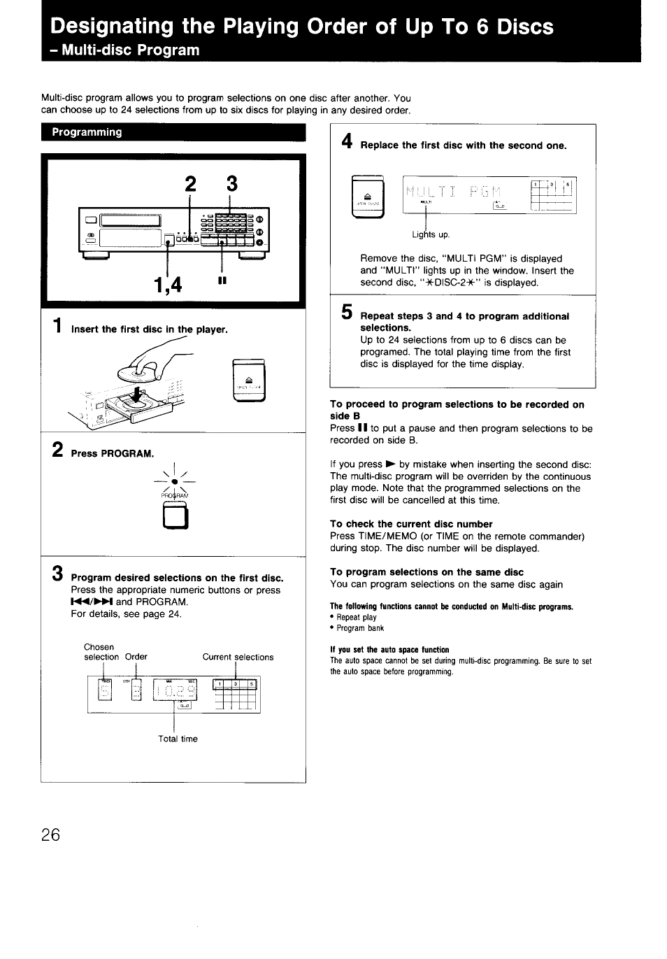 Designating the piaying order of up to 6 discs, Programming, Press program | Program desired seiections on the first disc, Replace the first disc with the second one, To check the current disc number, To program selections on the same disc, Multi-disc program | Sony CDP-997 User Manual | Page 26 / 43