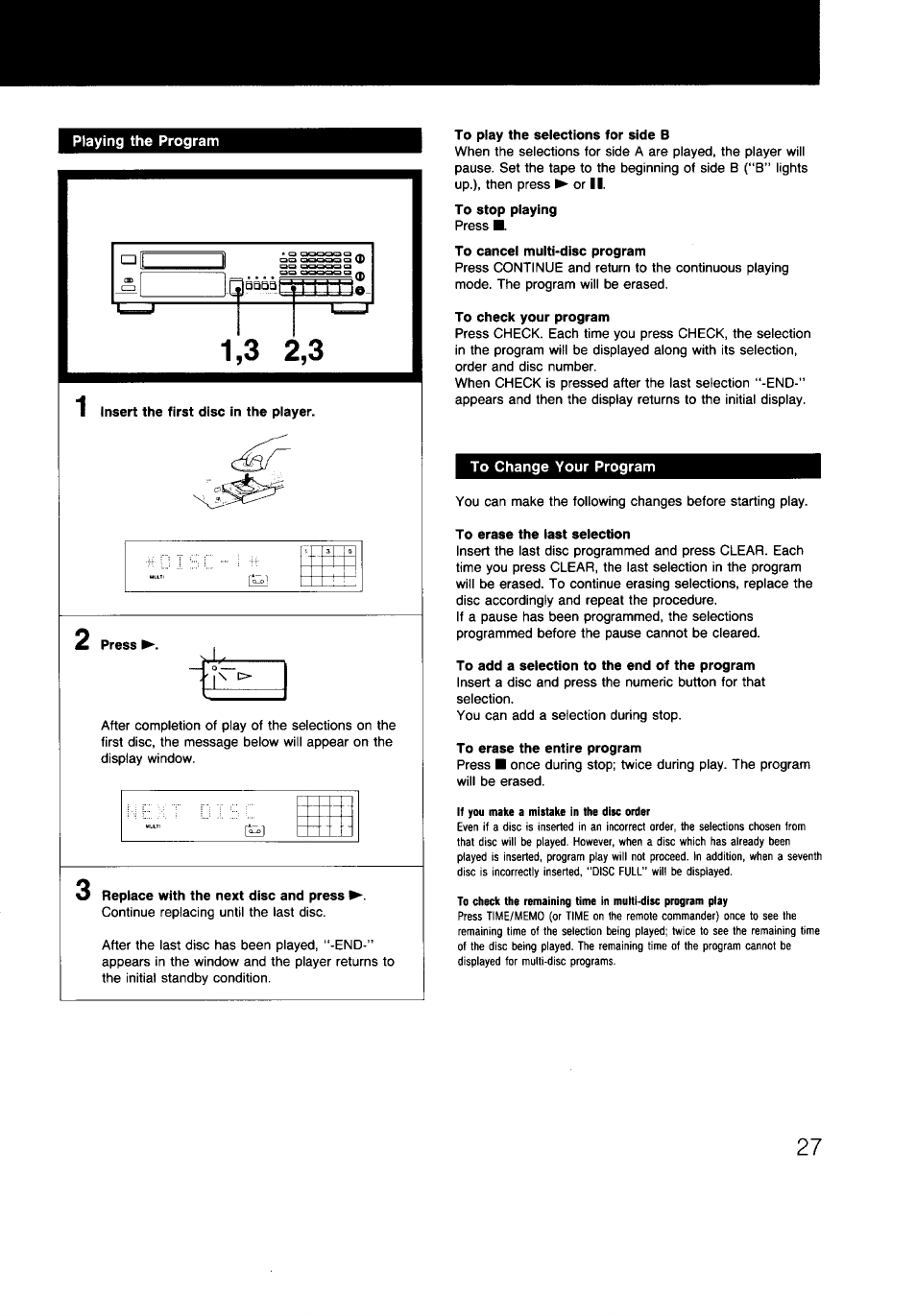 To play the selections for side b, To cancel multi-disc program, To check your program | To change your program, To add a selection to the end of the program, To erase the entire program | Sony CDP-997 User Manual | Page 27 / 43