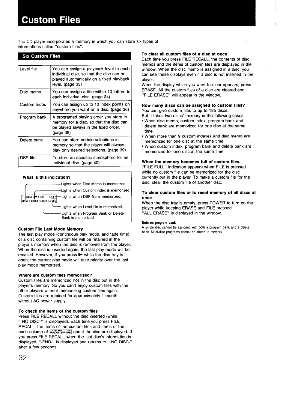 Custom files, Custom file last mode memory, To clear all custom files of a disc at once | How many discs can be assigned to custom files, When the memory becomes full of custom files, Where are custom files memorized, To check the items of the custom files | Sony CDP-997 User Manual | Page 32 / 43