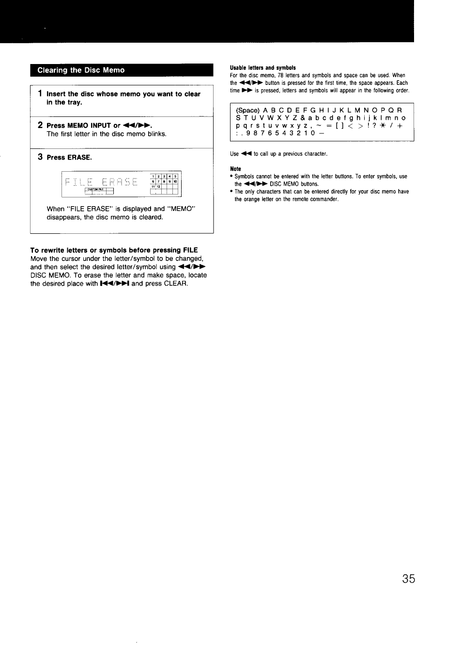 Clearing the disc memo, 2 press memo input or, 3 press erase | To rewrite letters or symbols before pressing file | Sony CDP-997 User Manual | Page 35 / 43