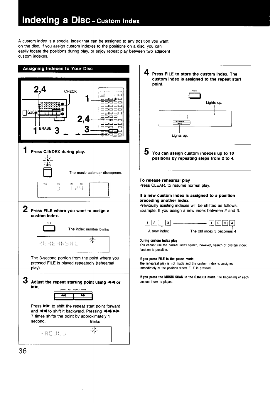Indexing a disc - custom index, To reiease rehearsal play, Indexing a disc-custom index | Indexing a disc, Custom index | Sony CDP-997 User Manual | Page 36 / 43