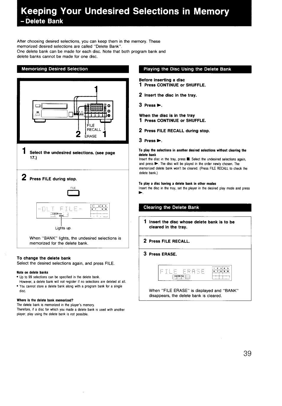 Keeping your undesired selections in memory, Memorizing desired selection, 2 press file during stop | To change the delete bank, Playing the disc using the delete bank, Before inserting a disc, 1 press continue or shuffle, 2 insert the disc in the tray, 3 press, When the disc is in the tray | Sony CDP-997 User Manual | Page 39 / 43