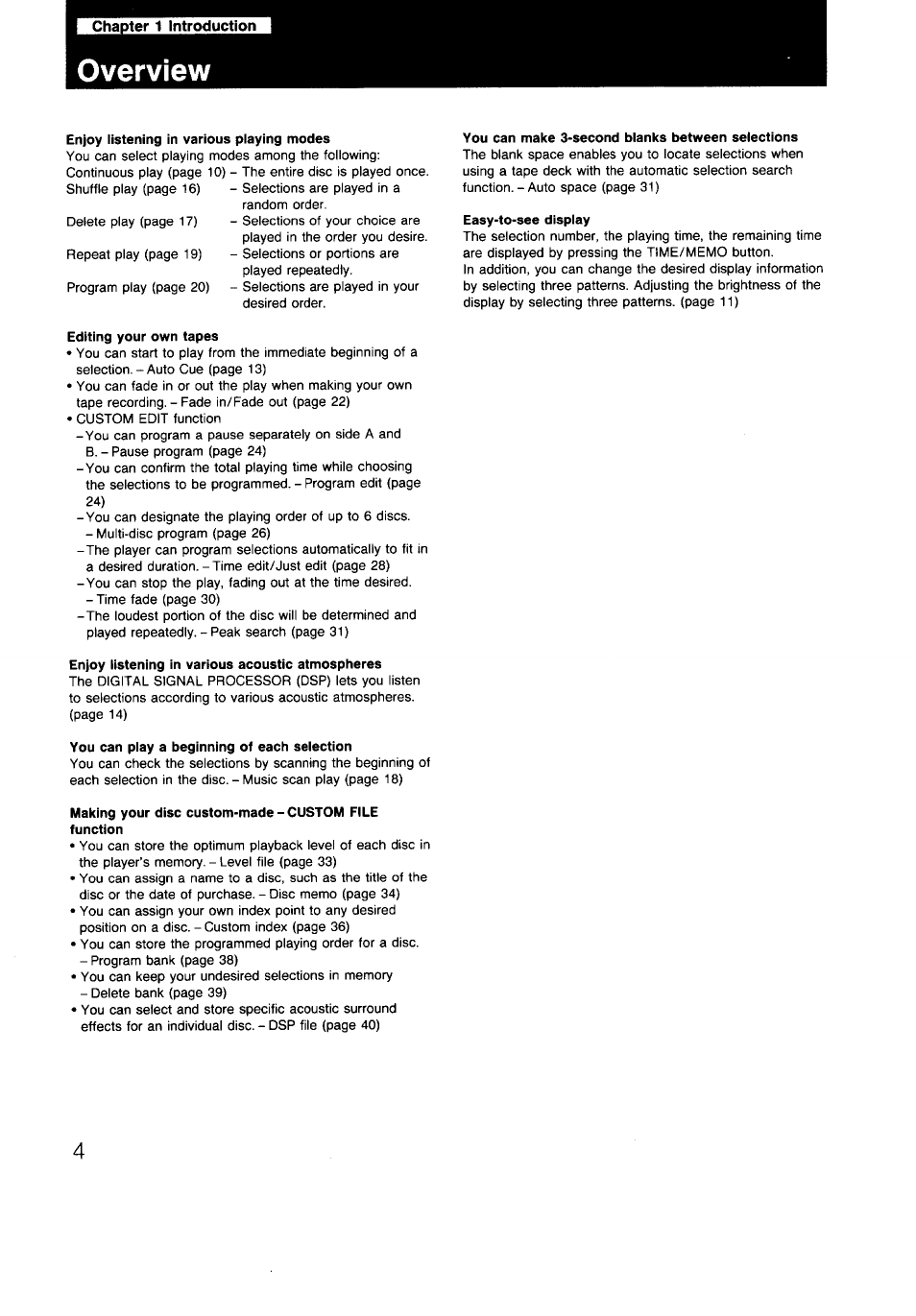 Overview, Enjoy listening in various playing modes, Editing your own tapes | Enjoy listening in various acoustic atmospheres, You can play a beginning of each selection, You can make 3-second blanks between selections, Easy-to-see display | Sony CDP-997 User Manual | Page 4 / 43