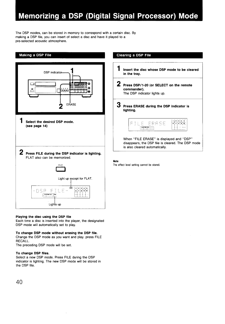 Memorizing a dsp (digital signal processor) mode, Clearing a dsp fiie, Press file during the dsp indicator is lighting | Press erase during the dsp indicator is lighting, Playing the disc using the dsp file, To change dsp mode without erasing the dsp file, To change dsp files | Sony CDP-997 User Manual | Page 40 / 43