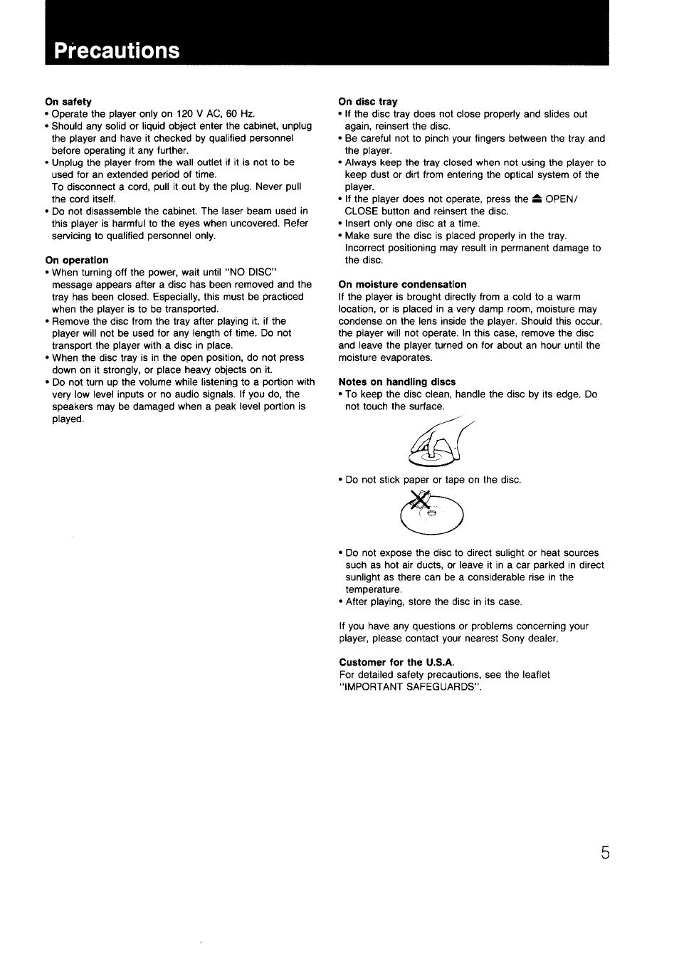 Precautions, On safety, On operation | On disc tray, On moisture condensation, Notes on handling discs, Customer for the u.s.a | Sony CDP-997 User Manual | Page 5 / 43