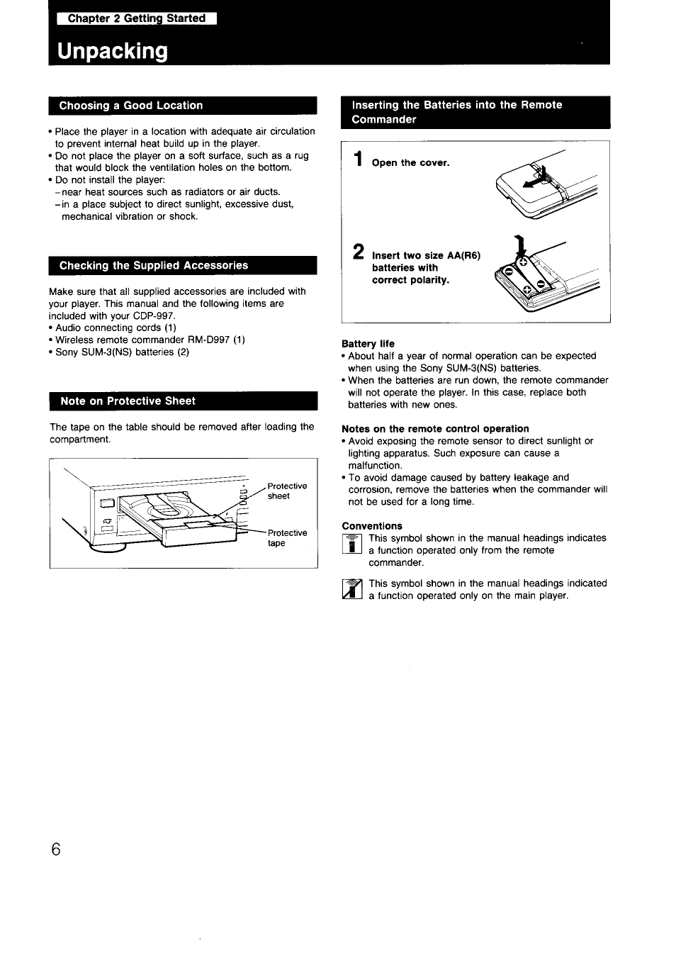 Unpacking, Choosing a good location, Checking the supplied accessories | Note on protective sheet, Inserting the batteries into the remote commander, Battery life, Notes on the remote control operation, Conventions | Sony CDP-997 User Manual | Page 6 / 43