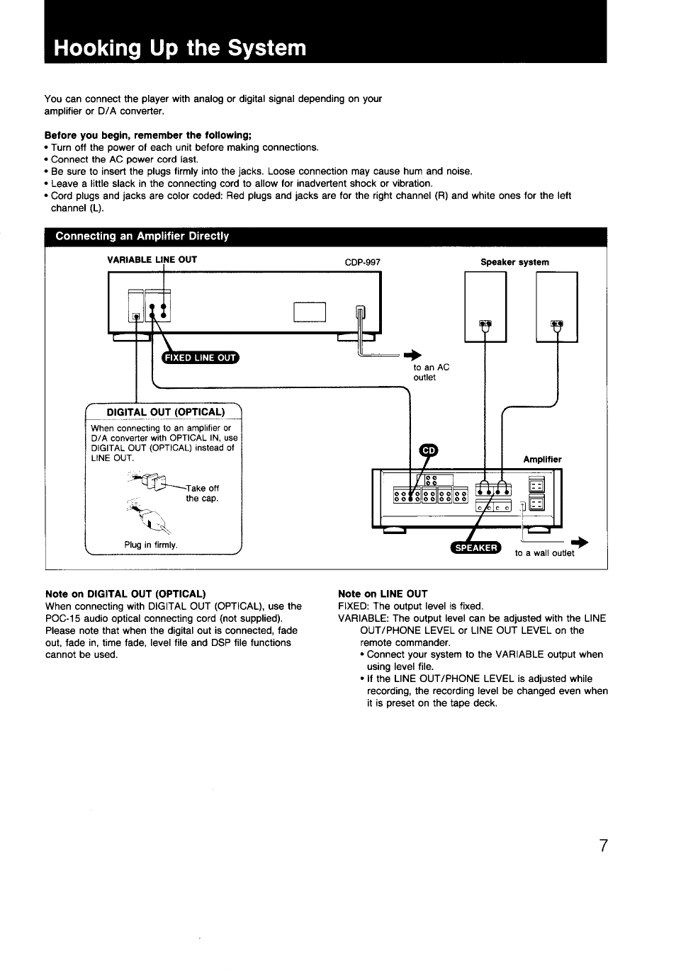 Hooking up the system, Before you begin, remember the following, Note on digital out (optical) | Note on line out | Sony CDP-997 User Manual | Page 7 / 43