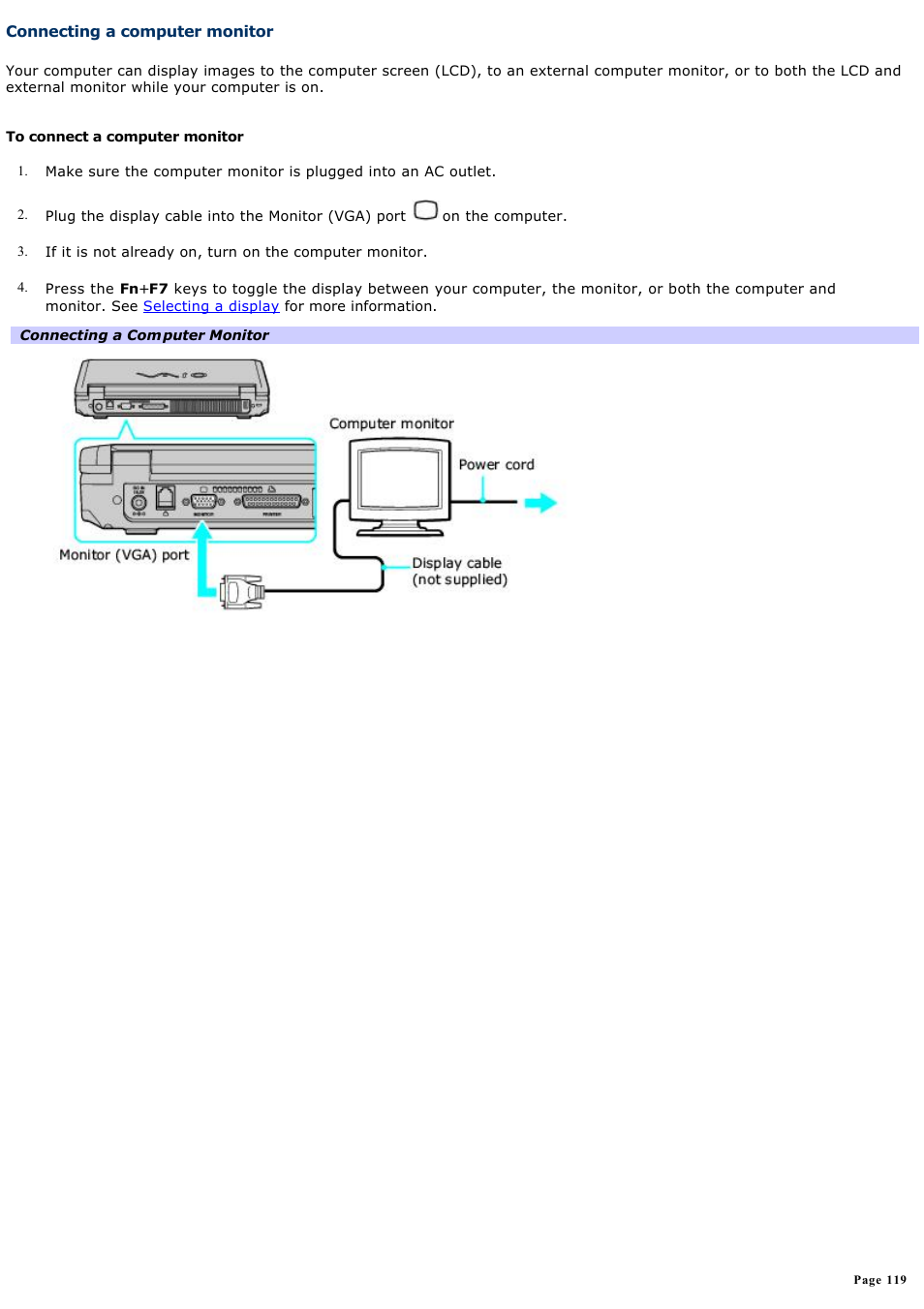 Connecting a computer monitor | Sony PCG-K25 User Manual | Page 119 / 149