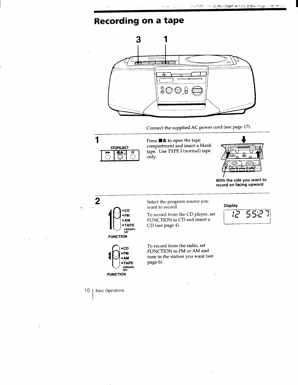 Recording on a tape, Display | Sony CFD-V15 User Manual | Page 10 / 25