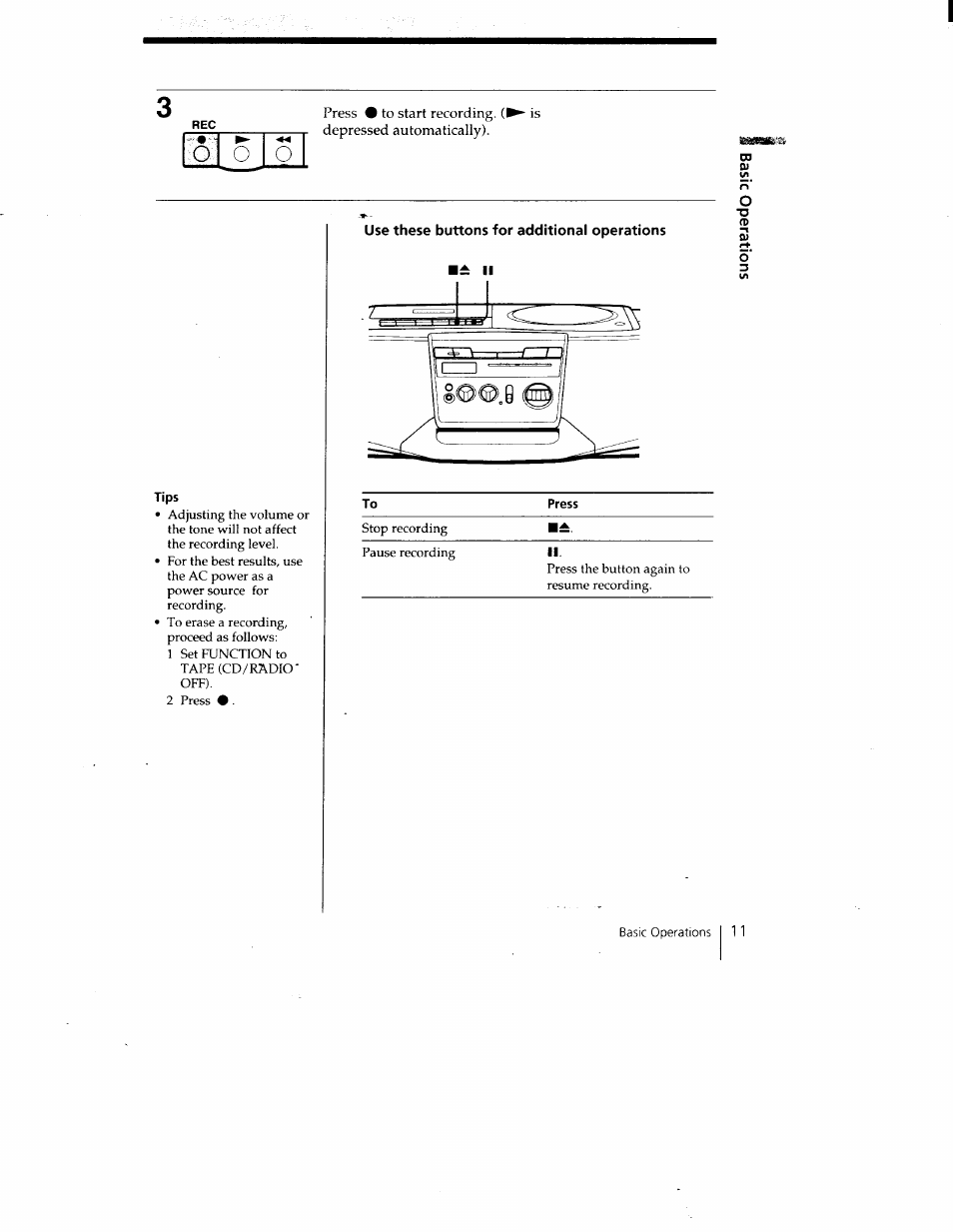 Use these buttons for additional operations, Tips | Sony CFD-V15 User Manual | Page 11 / 25
