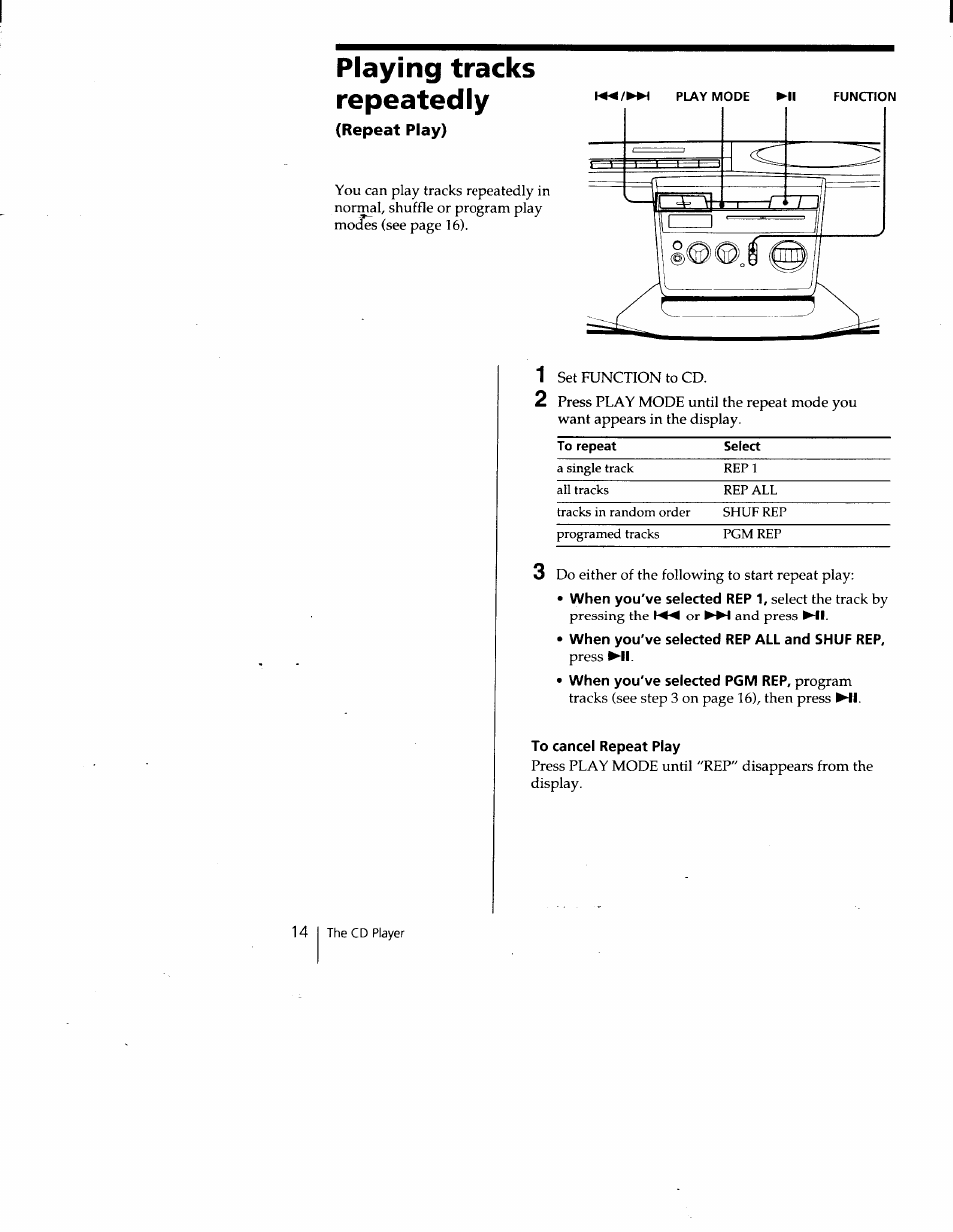 Playing tracks repeatedly, Repeat play), When you've selected rep all and shuf rep | To cancel repeat play | Sony CFD-V15 User Manual | Page 14 / 25