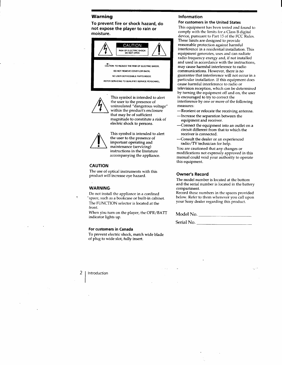 Caution, Warning, For customers in canada | Information, Owner's record | Sony CFD-V15 User Manual | Page 2 / 25