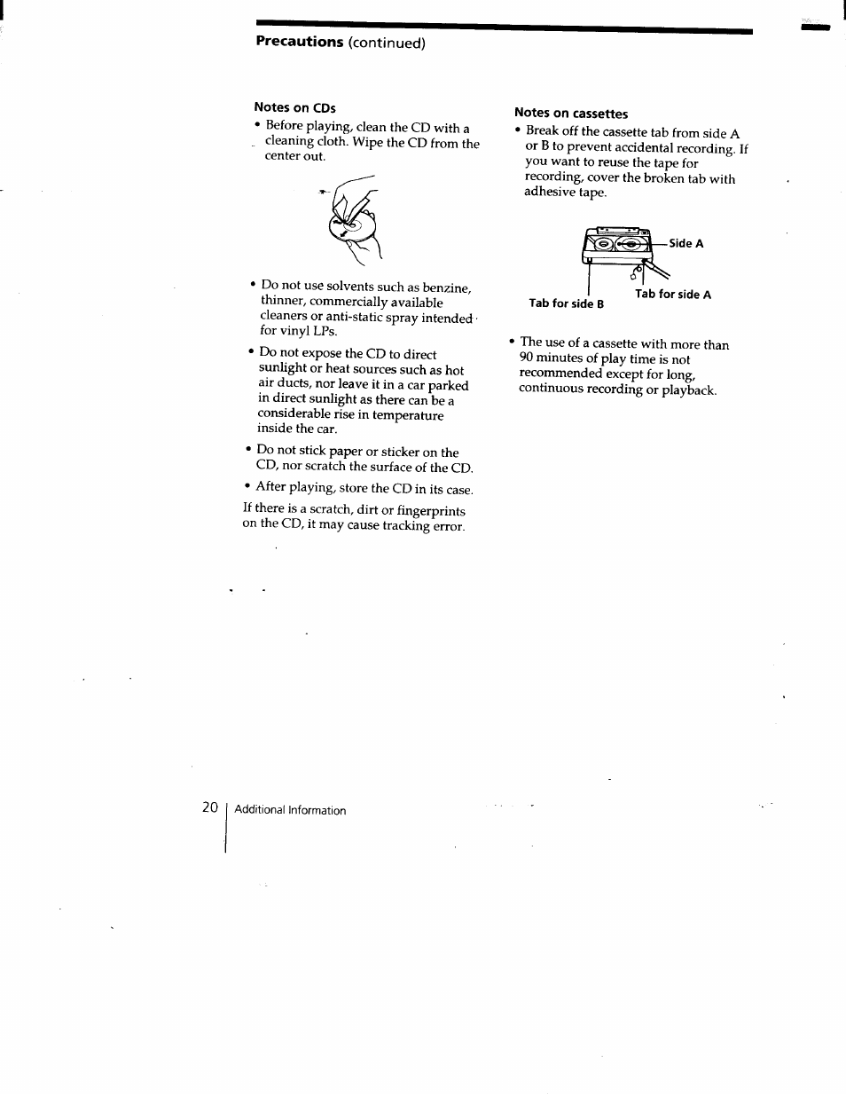 Notes on cds, Notes on cassettes, Precautions | Sony CFD-V15 User Manual | Page 20 / 25